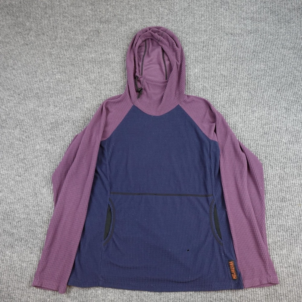 Melanzana Hoodie Womens Large Blue Purple Micro Grid Fleece Pullover Hiking